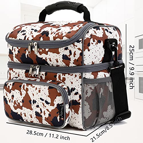 Flowfly Double Layer Cooler Insulated Lunch Bag Adult Lunch Box Large Tote Bag For Men, Women, With Adjustable Strap,Front Pocket And Dual Large Mesh Side Pockets,Cow #TOP2