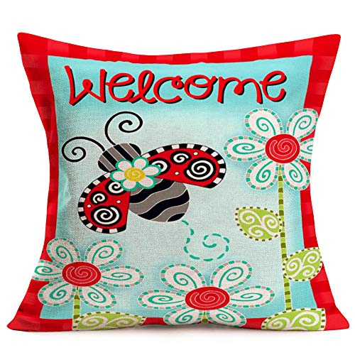 Hopyeer Throw Pillow Case Cushion Cover Rustic Farmhouse Welcome Cute Insect Ladybug Abstract Line Flowers Decor Cotton Linen Pillow Covers Pillowcase 18"X18" Decor Home Sofa Couch (Ab-Ladybug) #TOP5