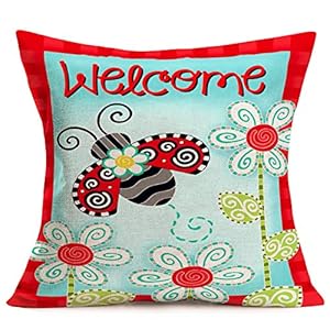 Hopyeer Throw Pillow Case Cushion Cover Rustic Farmhouse Welcome Cute Insect Ladybug Abstract Line Flowers Decor Cotton Linen Pillow Covers Pillowcase 18″x18″ Decor Home Sofa Couch (AB-Ladybug)
