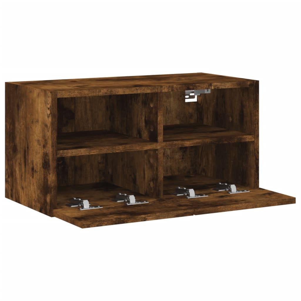Fengshui Mobile da parete per TV, in legno di rovere affumicato, 60 x 30 x 30 cm | 2 ripiani, 2 scomparti dietro la porta, montaggio a parete, spazio per libri e DVD