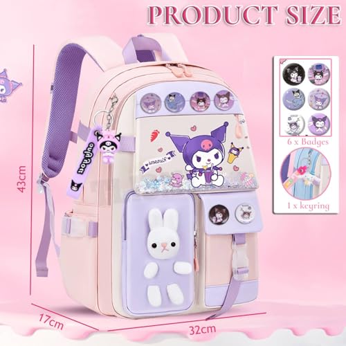 Image of Cute Pastel Contrasting Color Anime Cartoon School Backpack for Girls, Kawaii Large Capacity Bunny Bag, Lightweight Casual Travel Daypack Multi-Compartment Bookbag for Elementary School Kids