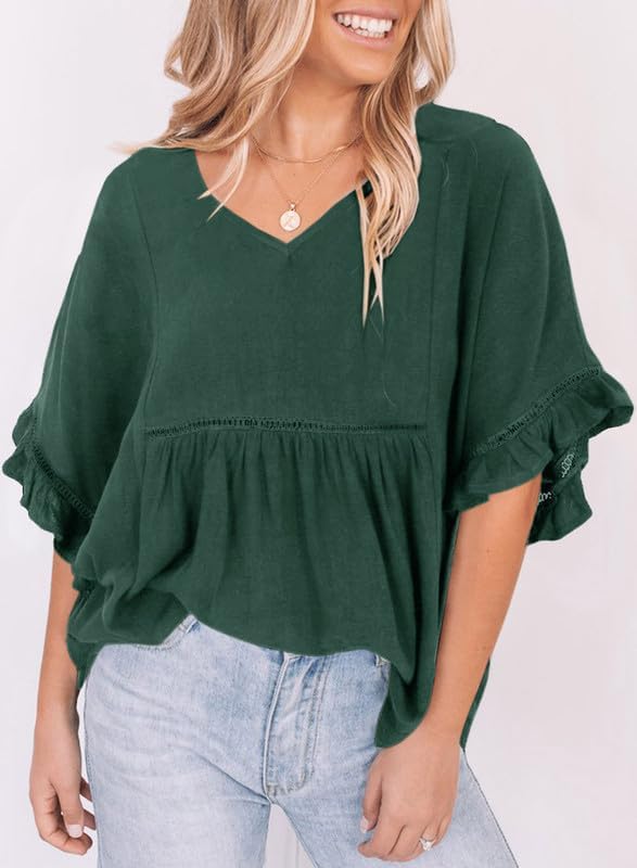 Dokotoo Womens Blouses Smocked Casual V Neck Ruffle Bell Half Sleeve Shirts Top - Image 4