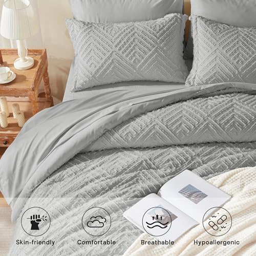 Image of Zzlpp King Comforter Set 7 Pieces, Light Grey Tufted Bed in a Bag with Comforter and Sheets, All Season Boho Bedding Sets with Comforter, 2 Pillow Shams, 2 Pillowcases, 1 Flat Sheet, 1 Fitted Sheet
