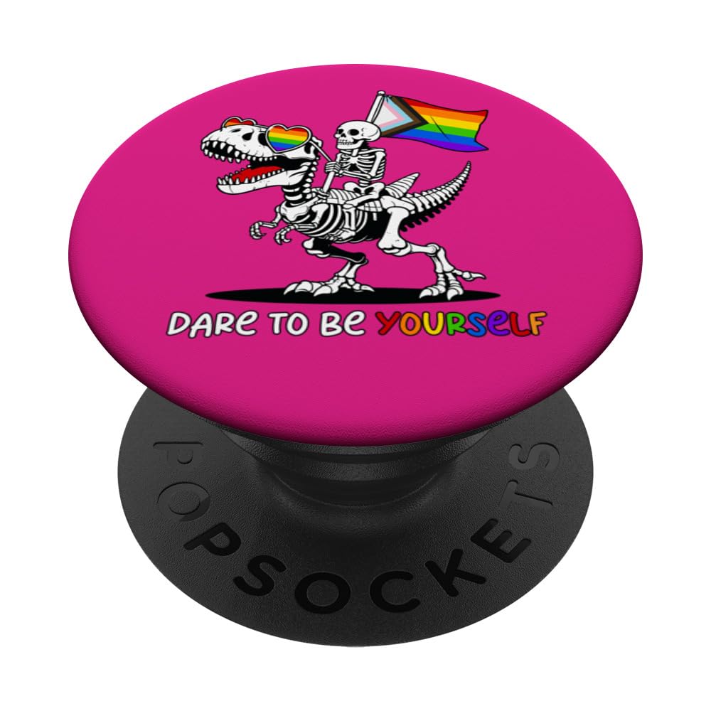 Dare To Be Yourself Pride Dinosaur T-Rex Rainbow Gay LGBTQ PopSockets Swappable PopGrip, Black