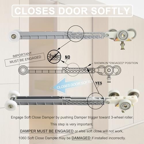 Image of 2 Set Pocket Door Soft Close Top Hanger Assemblies Fit for Johnson P /N #1060 & #1062, Works with 100, 134F, 138F, 2610F Series Track, 1 inch Nylon Ball Bearing Tri-Wheel, Bi-Direction