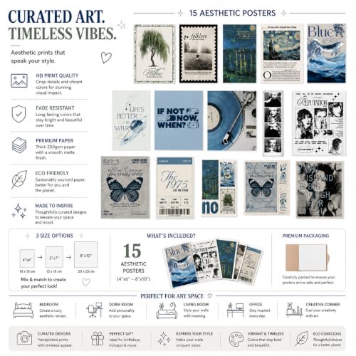 Image of 13 Piece Blue Aesthetic Poster Set | 300 GSM Multi-Sized Wall Posters with Adhesive Tape | Retro Music, Ocean & Vintage Art Prints for Bedroom, Room Decor, Home Decor, Living Room & Wall Art