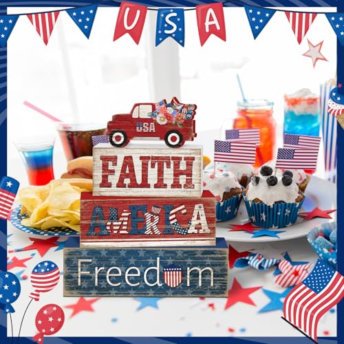 Britimes 4 Pcs Memorial Day Decor Patriotic Tiered Tray Decorations Set, 4th of July Table Sign Farmhouse Red White Blue Rustic Wooden Block Stack Sign for Home Fireplace Mantel (Independence Day Car) - Image 6