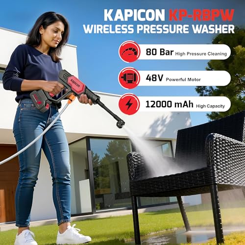Image of Kapicon KP-RBPW Cordless Pressure Washer 48V 12000mAh | 80 Bar Portable Car Washer | Rechargeable Battery High Pressure Cleaner with Spray Gun for Car, Bike & Home Cleaning
