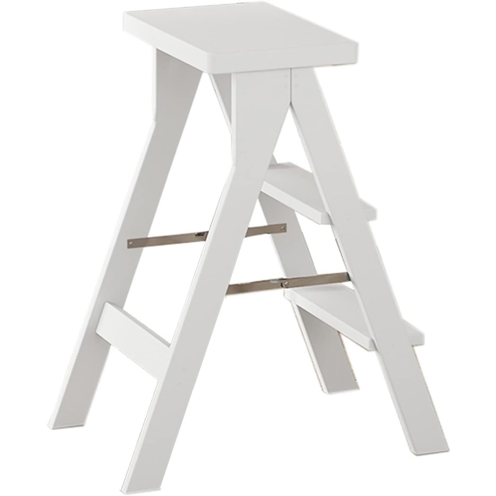 Folding Wooden Library Ladder, Convertible Stool, Flower Shelf, Portable Ladder for Adults, Max Weight 100kg (White)