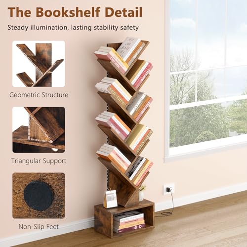 Image of Hoctieon 9 Tier Tree Bookshelf, Tall Bookcase, Freestanding Book Shelf with LED Lights, Display Floor Standing Storage Shelf, Book Organizer Shelves for Home Office, Living Room, Rustic Brown