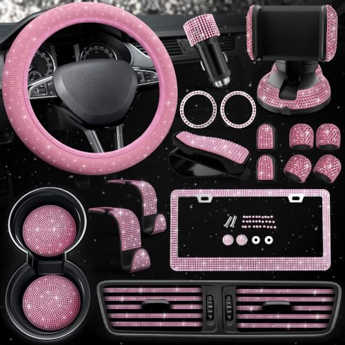 Pink Car Accessories Set, 27 Pieces – Bling Car Accessories for Interior Styling with Rhinestone Details for Daily Use, Universal Fit Kit for Steering Wheel, Vents, Mirror Area, Great Gift for Women