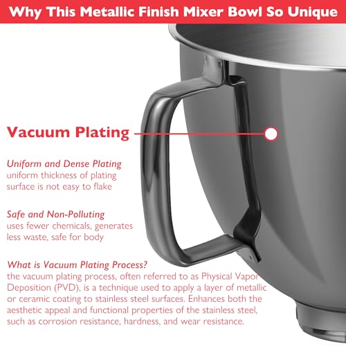 Image of 5 Quart Metallic Finish Stainless Steel Mixer Bowl for KitchenAid Classic&Artisan Series 4.5-5 QT Tilt-Head Mixer, Gray Color, Silicone Scraper, Dishwasher Safe, Fit K45SS KSM75 KSM90 KSM150