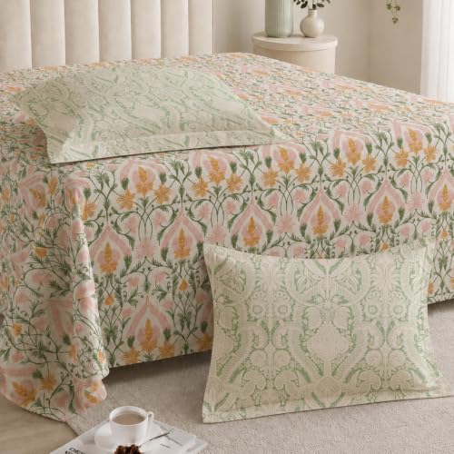 Image of LANE LINEN Organic | 100% Cotton Printed Bedsheet Set | Soft & Breathable Fabric | 3 Piece (1 Double Bedsheet + 2 Pillow Covers) | Double Bed Sheet Set | Machine Washable | Blush Pink & Sage Green