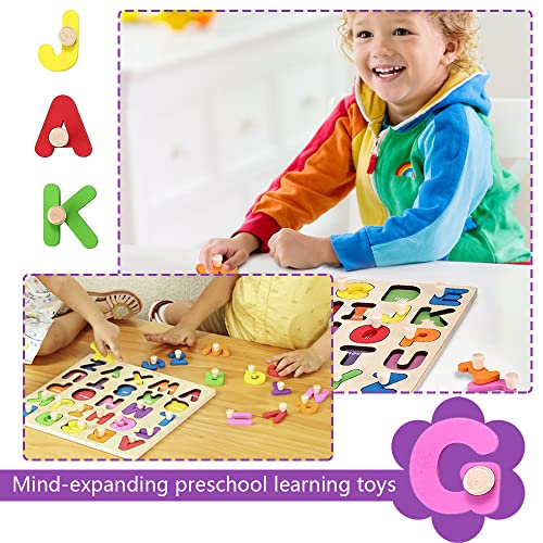 Alphabet Puzzle Wooden Puzzles With Board Knob For Toddlers 1 2 3 4 5 Year Old Abc Puzzle Shape Alphabet Learning Puzzles Toy, Great Preschool Gifts For Girls And Boys #TOP4