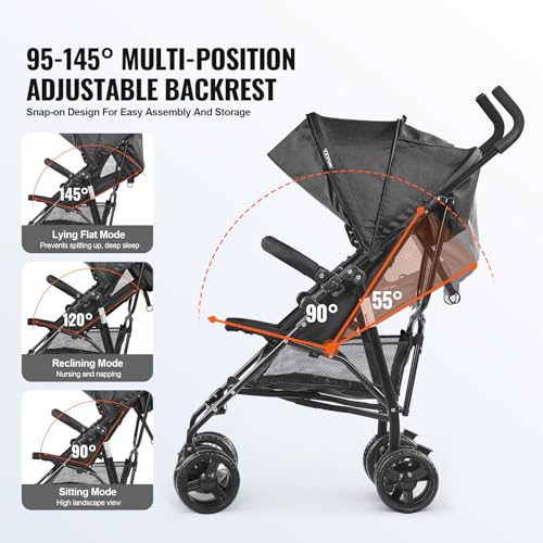 Image of VEVOR Lightweight Stroller, Compact Easy Fold Multiposition Recline Canopy Backrest, Carbon Steel Frame, Large Storage Basket,Cup Holder, Umbrella Toddler Baby Stroller for Travel and More, Black
