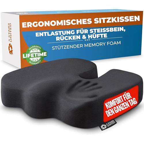 5 Stars United Memory-Foam Sitzkissen Ergonomisches Steißbeinkissen Ischias- & Rückenschmerzlinderung rutschfest Tragbar Waschbarer Bezug Schwarz