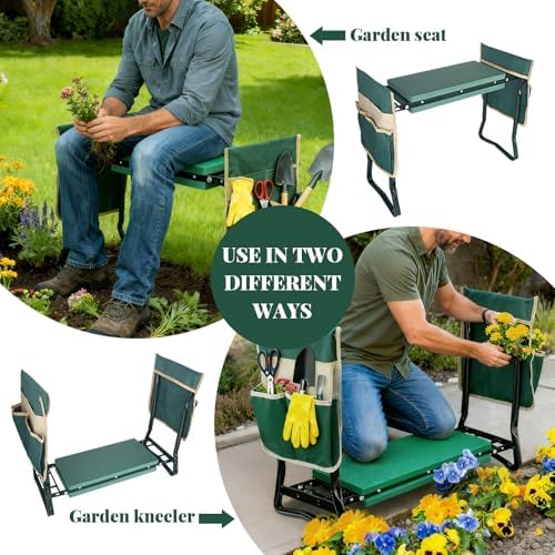 Rodilleras y asiento de jardín mejorado con almohadilla suave gruesa y ampliada, banco de jardinería resistente y asiento plegable con 2 bolsas de herramientas, regalos para mujeres, personas mayores