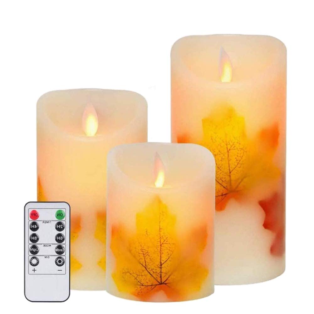 VEEKI Flameless Candles Light, Battery Candles Warm White Flameless Pillar Candles Moving Wick Flameless Candles Flickering Led Candles with Remote Control Timer Decorative Candles (Maple Leaf)