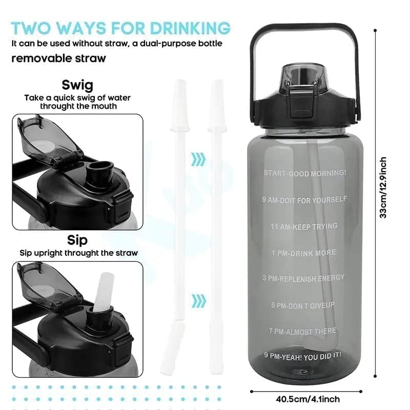 Image of 2L Capacity Sipper Water Bottle For Adults With Motivational Time Marker & Leak Proof Non-Toxic Transparent For Office, Gym, School, Collage, Home (BLACK)