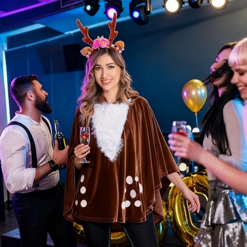 Deer Costume Ladies with Antlers Headband Tattoo Socks Reindeer Costume Adults Ladies Women Bambi Costume Ladies Carnival Costume Ladies Deer Poncho Cloak Fawn Deer Costume Ladies for Carnival
