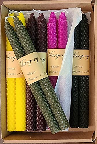 Smokeless dripless Handmade Organic Non-Toxic Yellow & Multi Color Pure Beeswax Candle Sticks 16-Pack in 8-Pairs Non Scented for Home & Church. Margery Sunset San Francisco 1974.