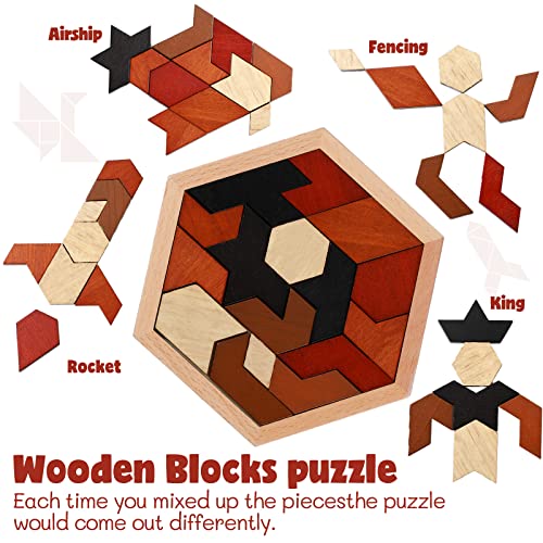 3 Pack Hexagon Wooden Puzzle Wood Russian Blocks Tangram Puzzle Brain Teaser Puzzles Geometric Jigsaw Block Russian Blocks Logic Iq Stem Montessori Toy For All Ages Kid Adult Intelligence (Vintage) #TOP6