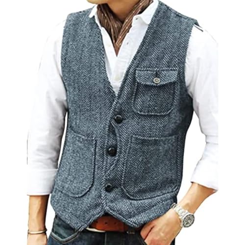 Men's Herringbone Tweed Vest V Neck Waistcoat Casual Vests for Men Vintage Travel Workwear Vest