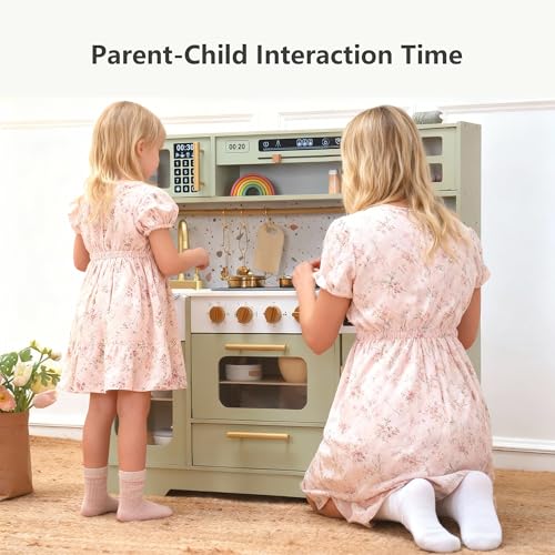 Kids Wooden Play Kitchen Set – Realistic Pretend Play Kitchen with Stove, Sink, Coffee Maker, Ice Maker & 15 Fun Accessories | Montessori-Inspired Toy Kitchen for Toddlers Ages 3+