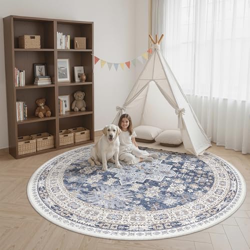 zesthome Round Rug 8ft,Circle Rug for Dining Room Table,Blue