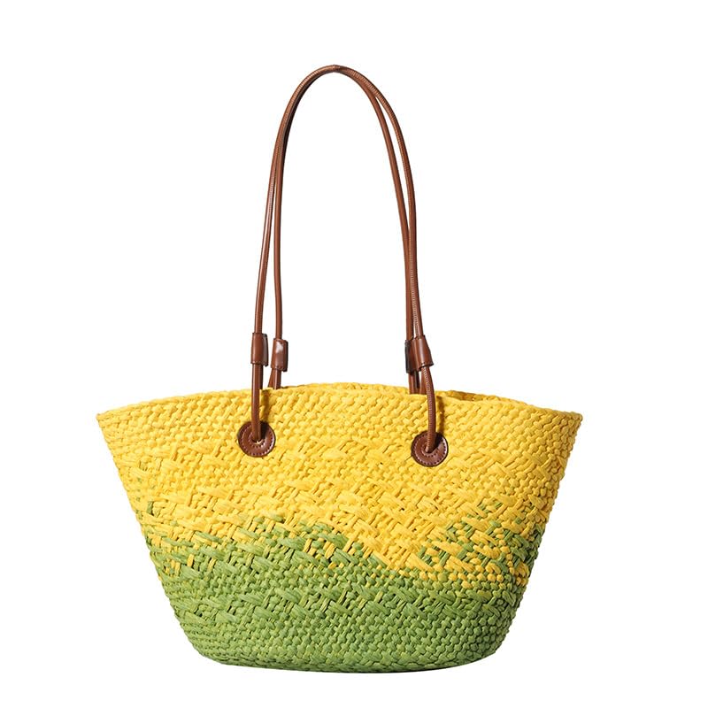 Sac à bandoulière en paille tissée pour femme grand format style coréen jaune et vert
