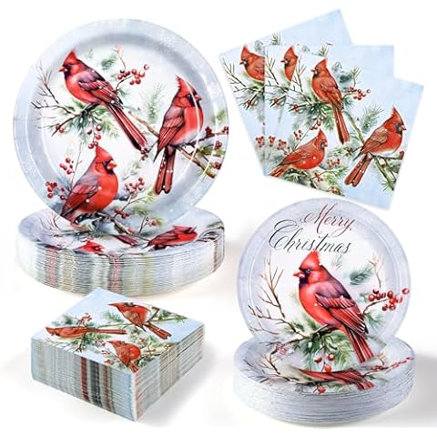Homlouue 200 Pcs Christmas Paper Plates and Napkins Sets, 9inch Christmas Plates Disposable Heavy Duty, Christmas Cardinal Bird Christmas Paper Plates, Christmas Plates and Napkins for Dinner Party Cover