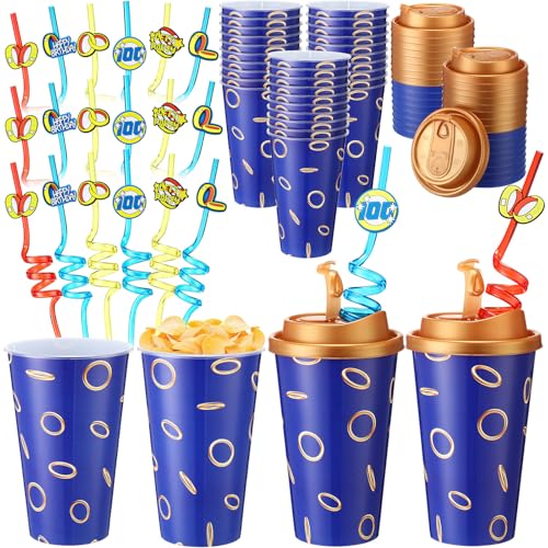 Yungyan 36 Sets Blue and Golden Rings Cartoon Party Favors Goodie Cups with Lids and Straws for Birthday Decorations Reusable 16oz Plastic Candy Cups Plastic Straws for Birthday Party