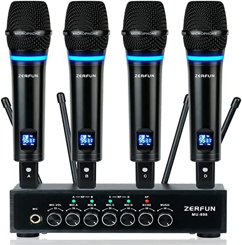 ZERFUN 4-Channel UHF Wireless Microphone System Rechargeable, Metal Handheld Wireless Microphones Cordless Mics Professional with Echo Bluetooth Volume Control for Karaoke Singing Church