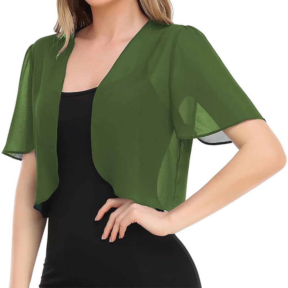 Fwshangmao Women's Green Shrugs, Short Sleeve Shrug Summer Chiffon Bolero Cardigan Embroidery Jacket Short Open Front Elegant Shoulder Jacket See Through Cover-Up For Dresses,,L