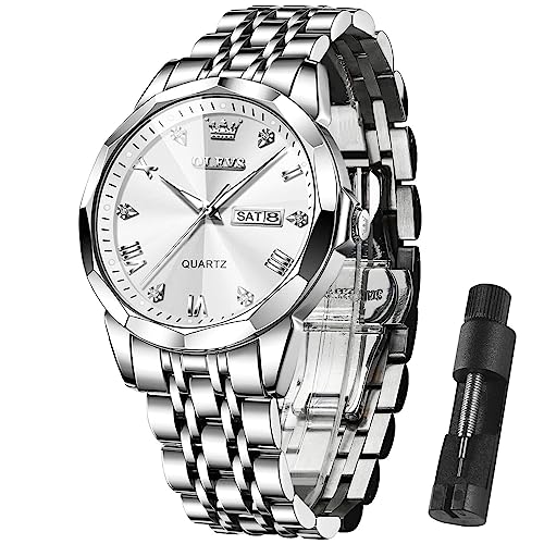 OLEVS Mens Watches Business Fashion Diamond Analog Quartz Watches for Men with Date Silver Stainless Steel Waterproof Luminous Dress Wrist Watch Reloj para Hombres