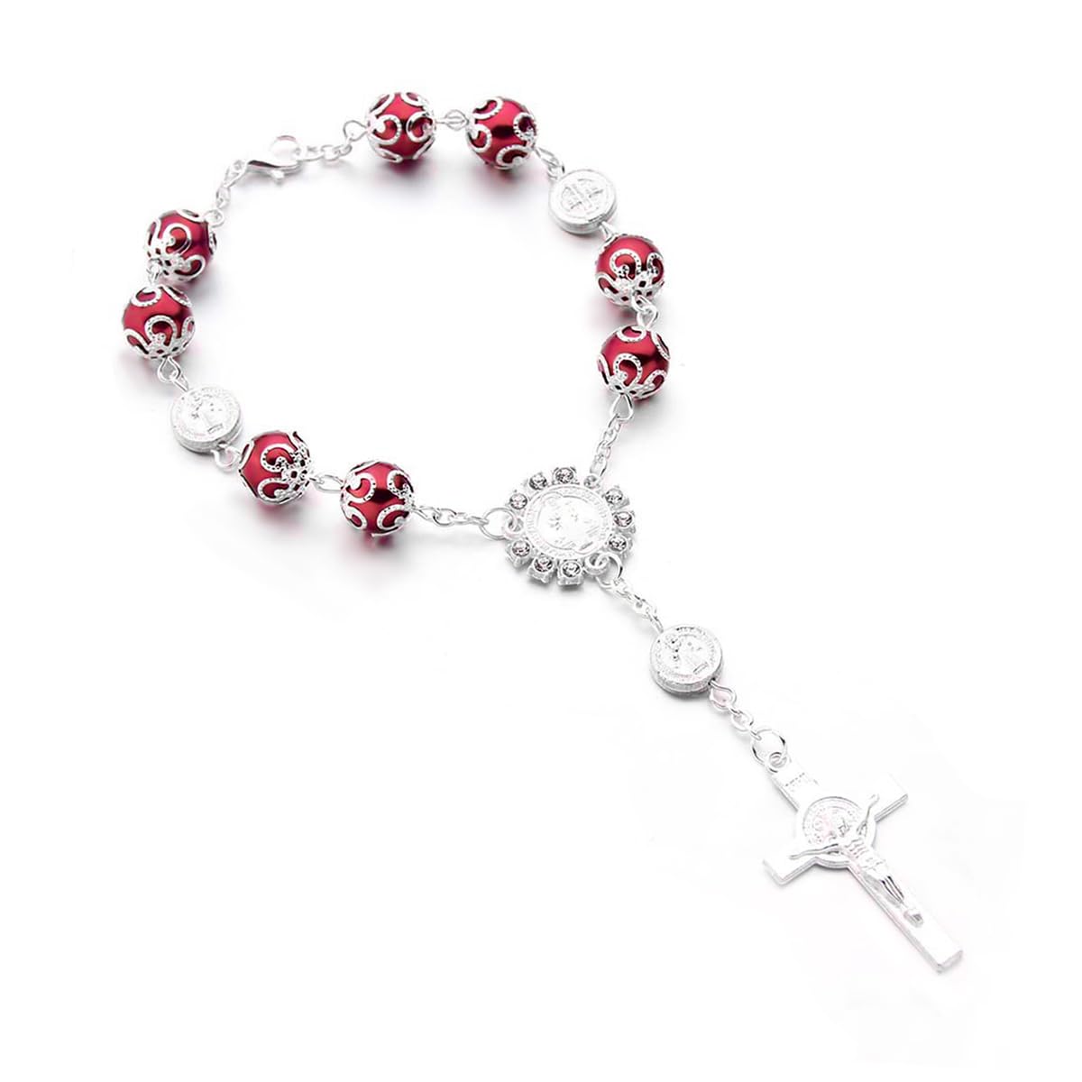 Rosary Car Rearview Mirror Charm - Blessing Bead Pendant With Cross, Lake Blue Glass & Alloy Decor - View #9