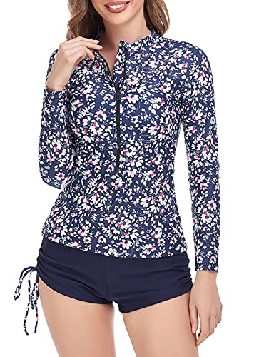 QTUN Damen Zweiteilig Badeanzug Rash Guard UV Schutz Langarm Badeshirt mit Hot Pants Sportlich Bademode Strandkleidung Cover