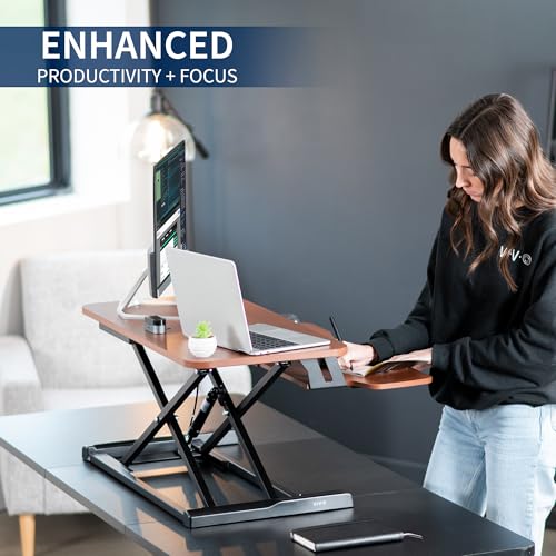 Image of VIVO 32 inch Desk Converter, K Series, Height Adjustable Sit to Stand Riser, Dual Monitor and Laptop Workstation with Wide Keyboard Tray, Dark Walnut Top, Black Frame, DESK-V000KA | Height Adjustable, Stand Up Desk Riser, Wide Keyboard Tray, Dual Monitor and Laptop Workstation, Black Frame, K Series