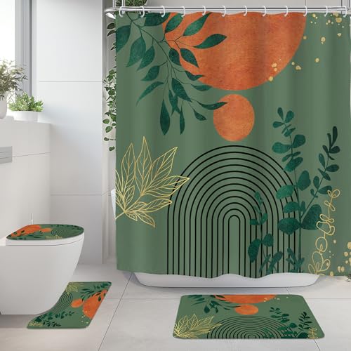 Riyidecor Mid Century 4Pcs Bathroom Shower Curtain Sets Modern Aesthetic