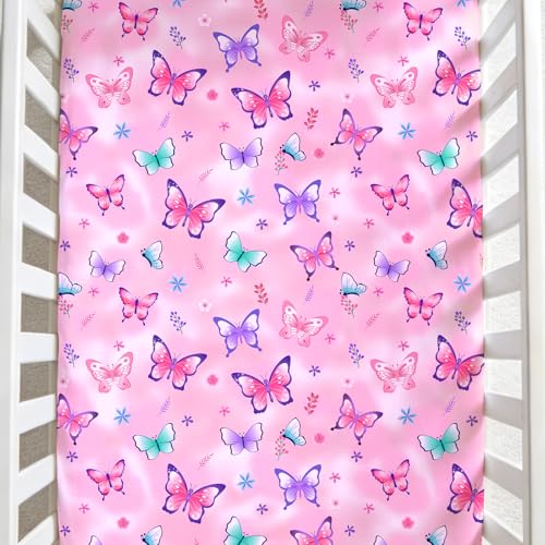 Image of JISEN Baby Crib Sheets Soft Breathable Butterfly Fitted Crib Sheets for Standard Crib and Toddler Mattress Baby Bed Sheets for Boys Girls Neutral 52x28 Inch Pink