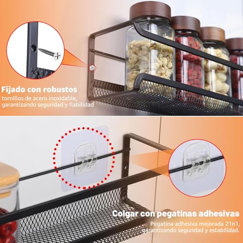 Miniatura 3 de Organizador De Especias 4 Piezas Negro Con Base De Malla - Estante Para Pared Sin Taladrar Incluye Adhesivos Y Tornillos - Para Cocina, Armario O Baño - 29x7x7cm - Metal Resistente Al Óxido