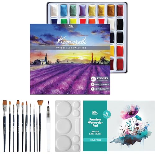 Mozart Japanese Watercolor Paint Set - Komorebi Art Kit with 40 Color Pans - 10 Watercolor Brushes - Paint Palette, Brush Pen & Paper Pad - Complete Supply for Adults, Kids & Students