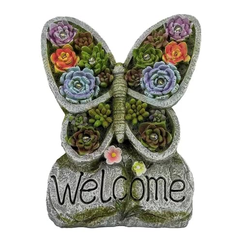 NABAOXUN Garden Gnome Statue with Solar Lights Outdoor Statues,Patio Decor for Lawn Yard, Garden Decor Unique Birthday Housewarming Gifts for Mom Grandma Women (Butterfly Succulent Statue)