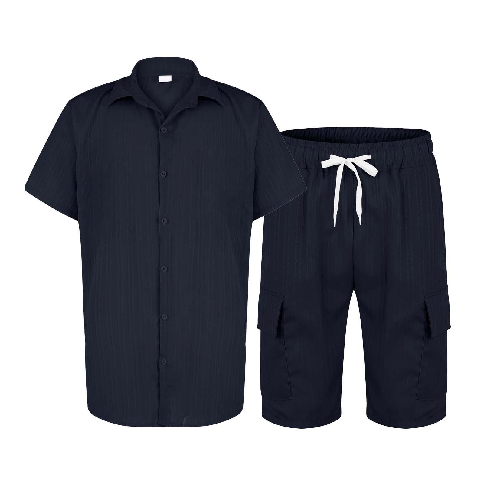 Tuta in lino da uomo, estiva, 2 pezzi, casual, a maniche corte, tinta unita, con bottoni, camicia in lino e pantaloni corti, per spiaggia, vacanze, tempo libero, leggero, da uomo, per tutti i giorni