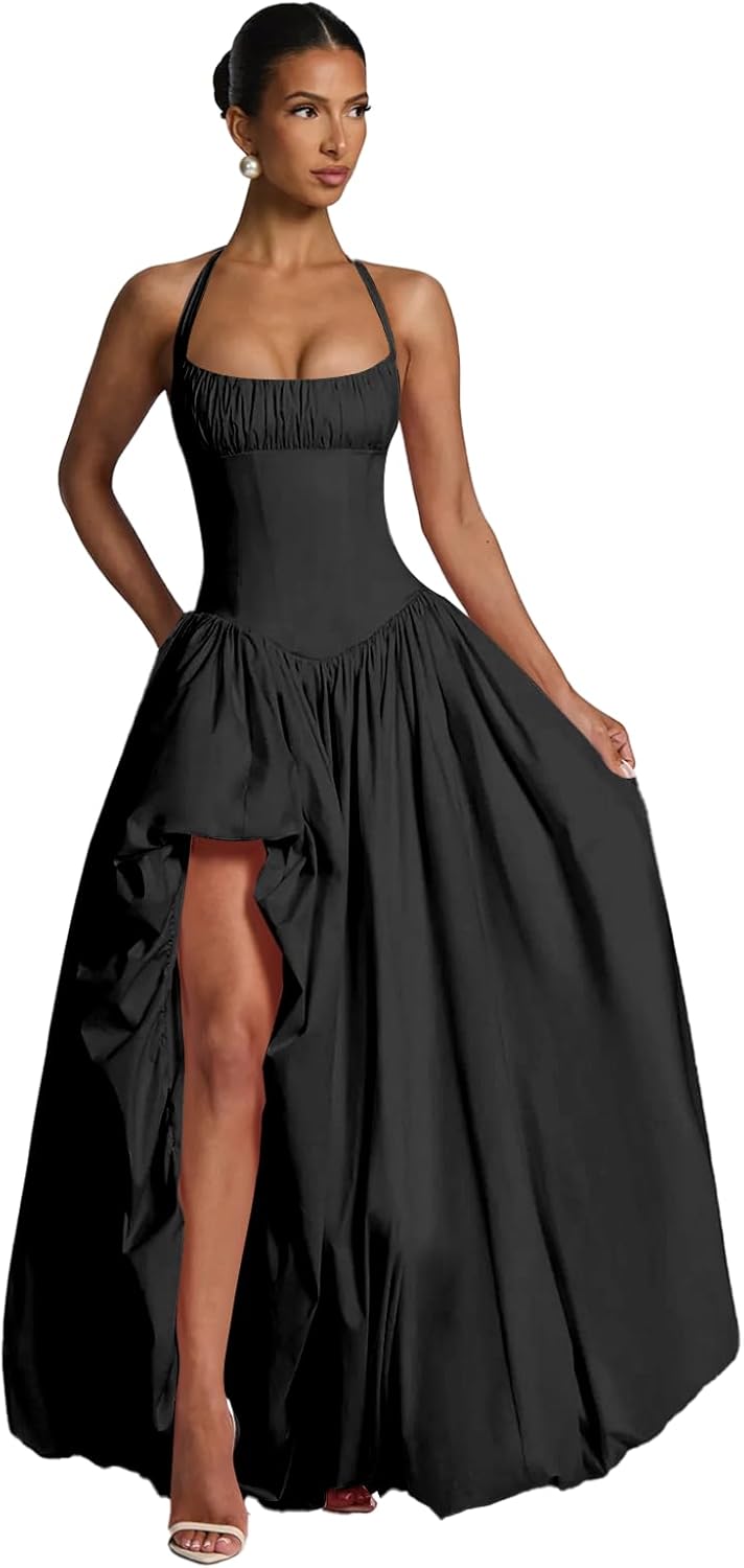 Pleated Halter Long Prom Ball Gowns with Slit 2026 for Women Satin A Line Wedding Bridesmaid Dresses