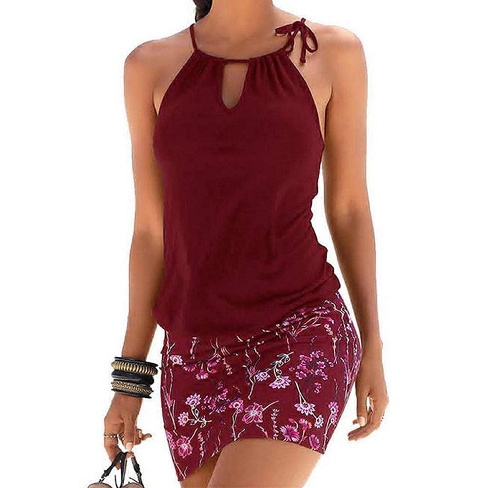 TBSCWYF Mujer Bañador con Falda Traje de Baño de Una Pieza de Talla Grande Push Up Vestido de Playa Corto Halter Estampado de Flores Bohemia Sin Mangas Casual