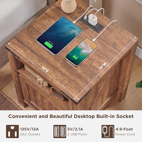 OKD Farmhouse Nightstand with Charging Station, 18\" Rustic End Table with Adjustable Storage Shelf, Wood Rustic Wood Sofa Side Table for Bedroom - Thumbnail 3