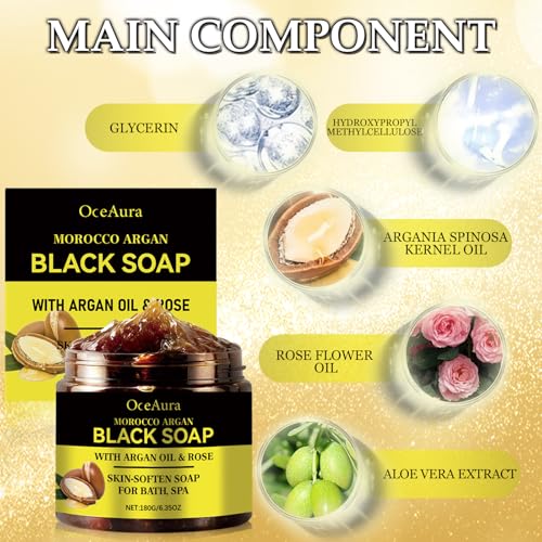 Marokko Exfoliate Schwarze Seife mit Peeling-Handschuhe,Schwarze Seife mit Argan und Rose,Marokko Körperpeeling,Bio Morocco Black Soap,Feuchtigkeitsspendende seife Schwarz für Weiche Haut