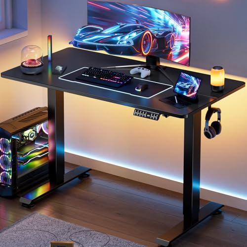 Image of Veken Standing Desk Electric 47.2 Inch, Height Adjustable Sit Stand Up, Wood Desktop, Work Home Office Computer PC Table, Tall Standup Workstation, Gaming Writing Study Bedroom Rising Desks, Black