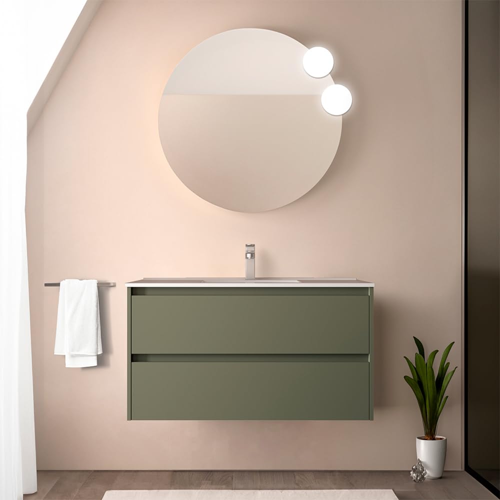Mobile bagno sospeso 90 cm verde satinato con lavabo ad incasso in ceramica, 2 cassetti con chiusura soft-close, Linea GAYA